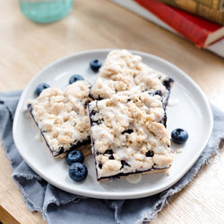 Blueberry crumble bars on a plate with blueberries and books in the background
